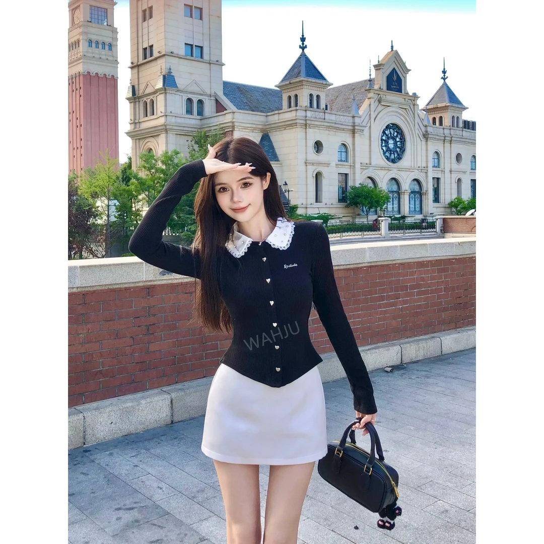 画解WAHJU【乖乖女氛围】早秋黑白拼接感气质黑色上衣半裙9705W