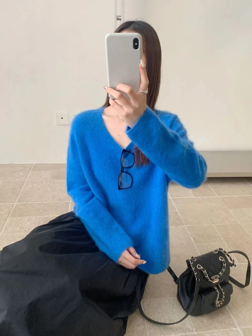 【素简.830161】秋冬上新无缝羊绒羊毛拉毛鸡心领女装上新毛衣