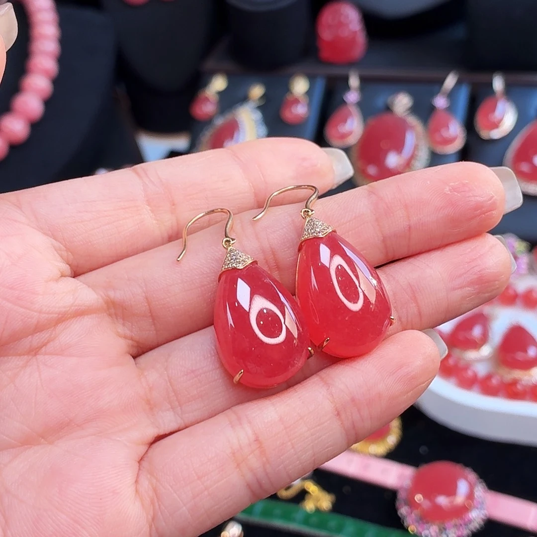 菱锰矿（红纹石）18K金镶嵌耳坠