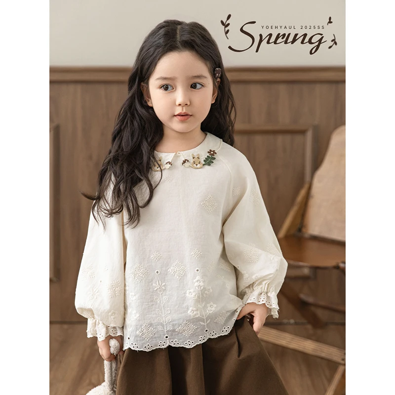 幼悠【清新森系】春贰波长袖洋气韩版蕾丝白色复古宝宝娃娃衫 C3141