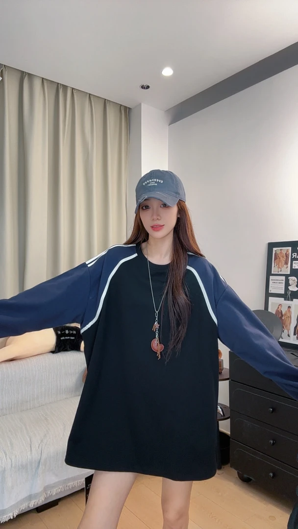 娜娜专属25秋冬新款加厚拉条拼色打底卫衣大版长款圆领大码T0955