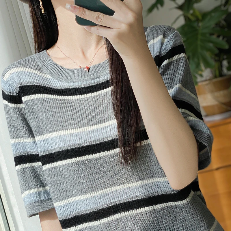 条纹针织衫女夏装爆款2025新款大码洋气上衣宽松显瘦薄款短袖T恤