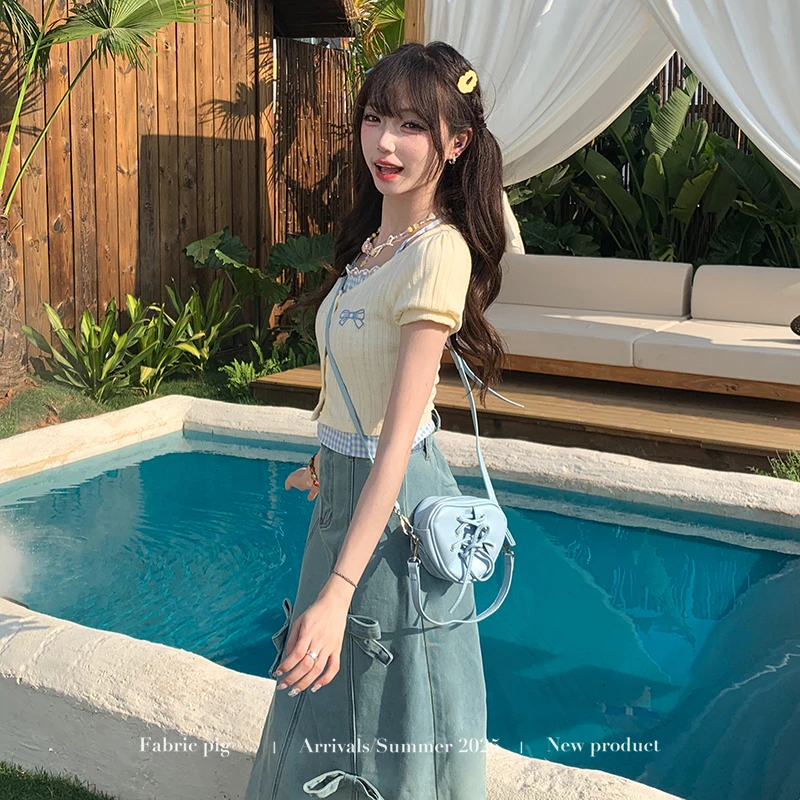 心动甜心 织物猪原创 甜美风牛仔半身裙初夏套装女假两件上衣两件