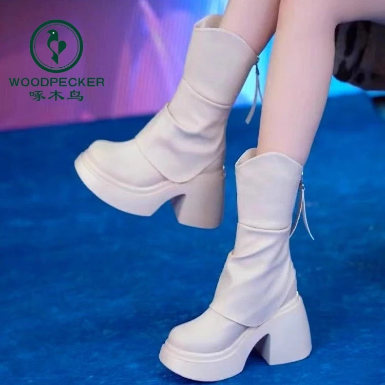 啄木鸟真皮秋冬厚底高跟马丁靴英伦法式粗跟女鞋单靴防滑圆头