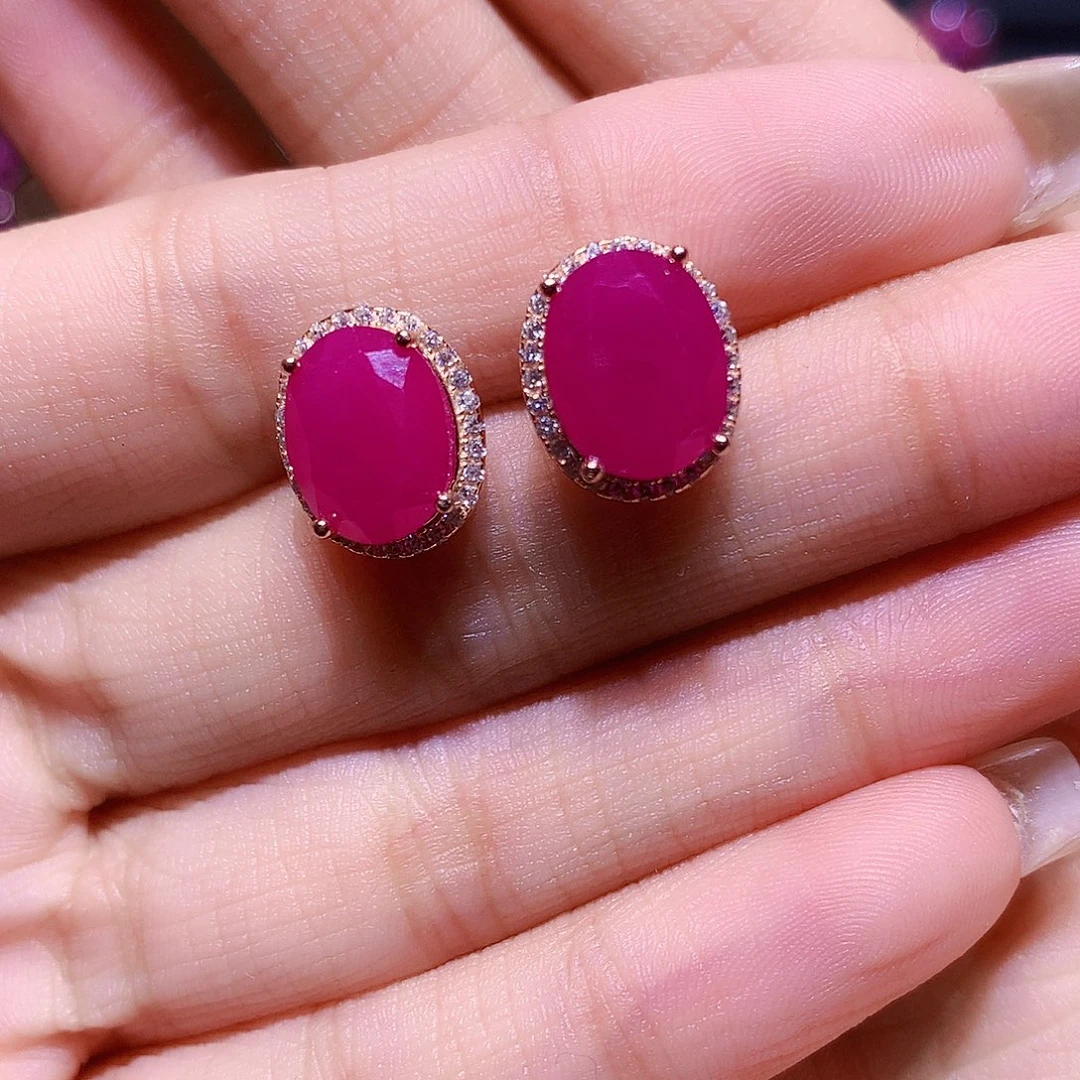 万***利红宝石银S925镶嵌耳饰