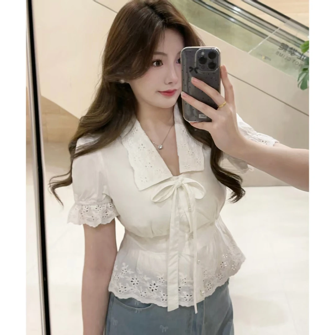 MuMu蕾丝镂空蝴蝶结翻领白色衬衫时尚衬衣上衣水洗牛仔长半裙法式
