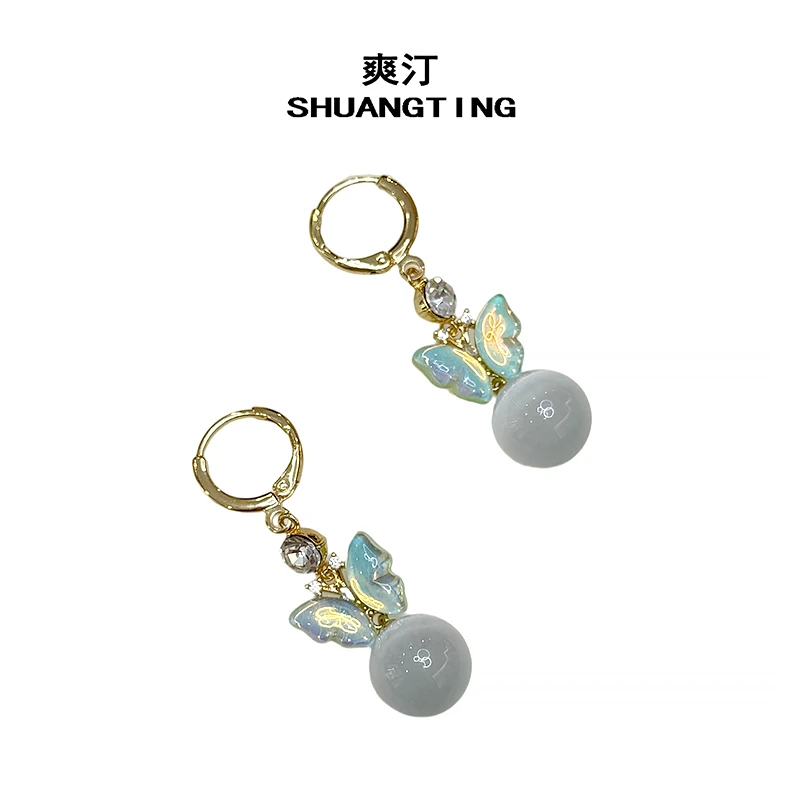 925银耳饰 925银针 【梅梢挂月】复古简约蝴蝶耳扣耳环镶嵌亮钻气质
