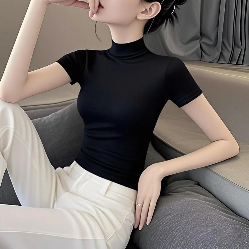 2025新款黑色半高领短袖T恤女正肩修身高级感薄款外穿小众上衣潮
