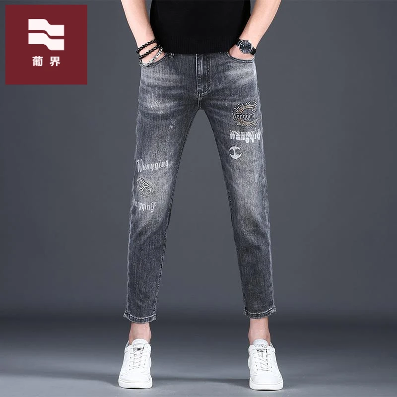 秋季九分牛仔裤男款刺绣烫钻修身小脚2025新款潮牌灰色弹力休闲裤