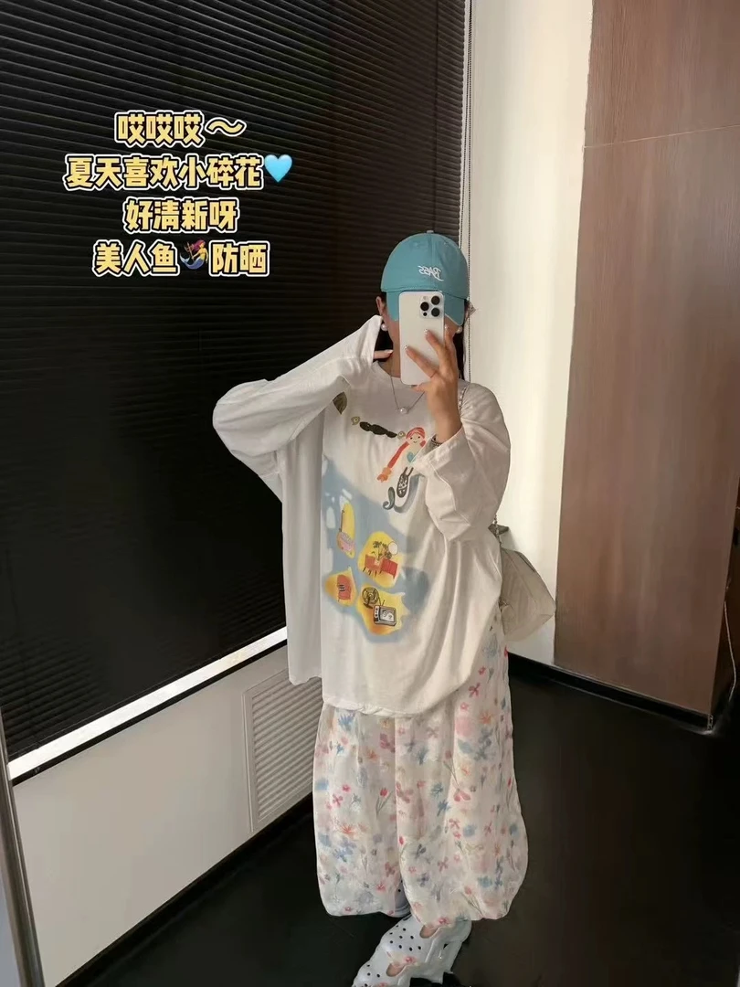 巨软松弛感印花薄款防晒罩衫长袖T恤独特漂亮上衣