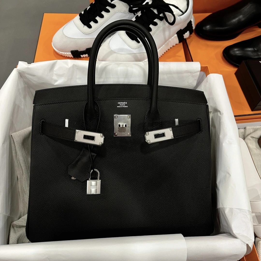 99新 Hermes/爱马仕 birkin30黑银扣e皮q手提包