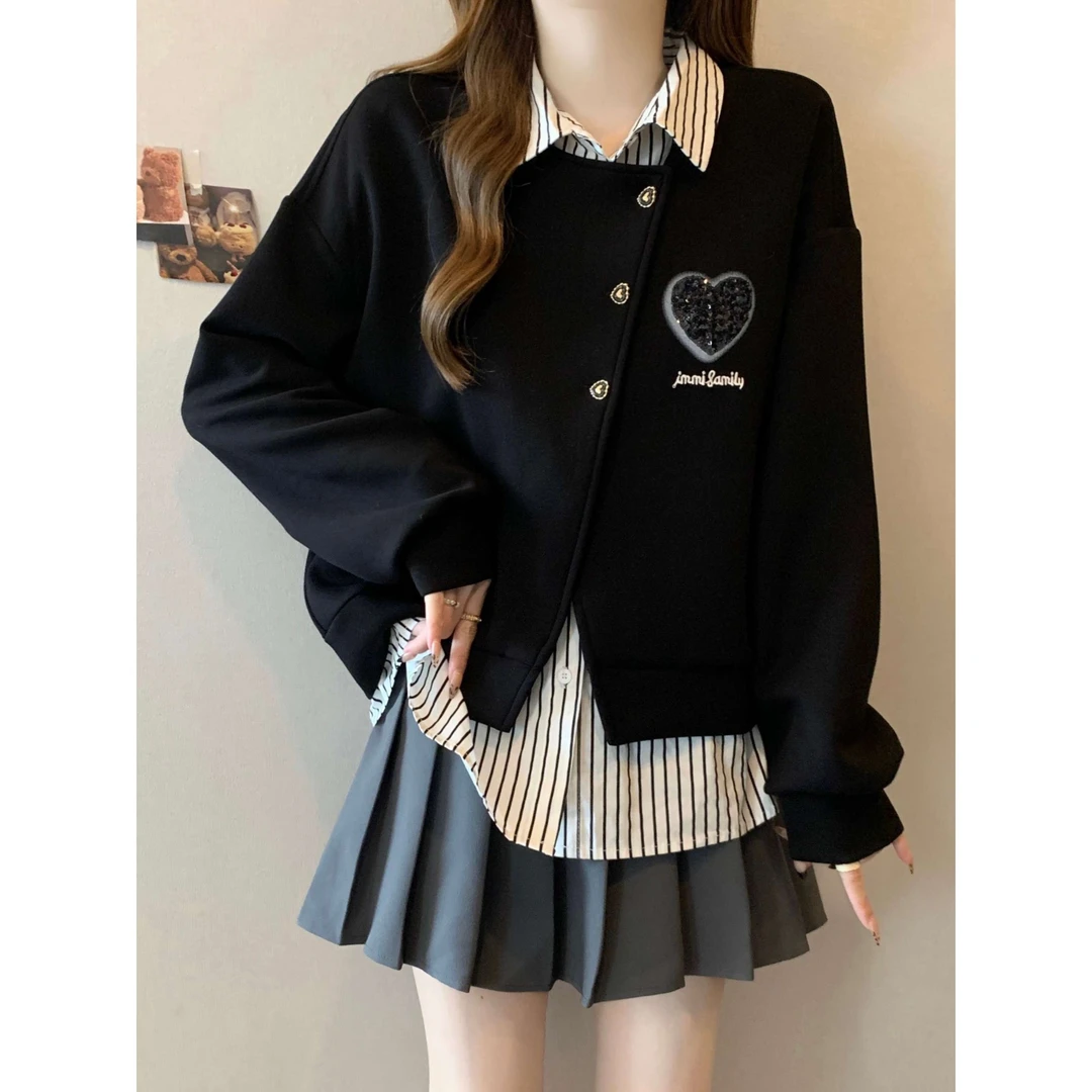 秋季大码2025微胖mm韩版条纹拼接衬衫卫衣女假两件百搭巨显瘦上衣