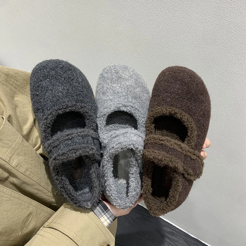 内增高厚底勃肯鞋女加绒灰色玛丽珍毛毛鞋女冬外穿韩版呢子棉鞋子