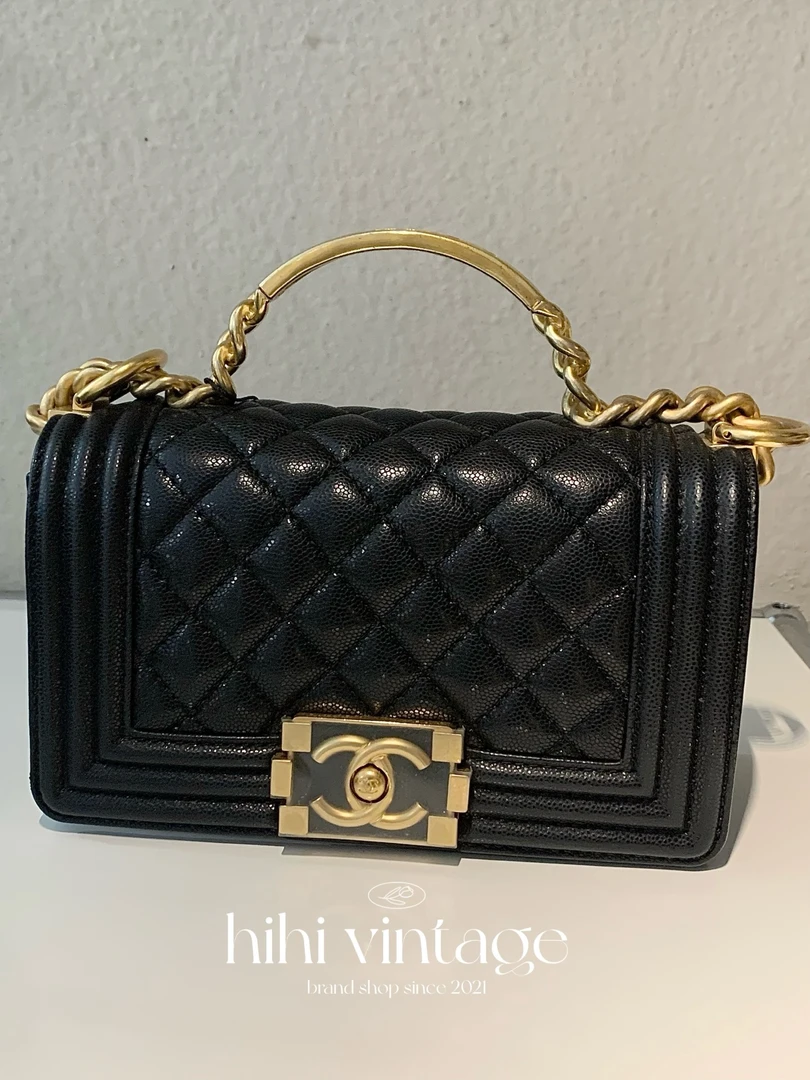 99新 Chanel/香奈儿 23B 黑金荔枝纹字母手柄小号LeboyJL