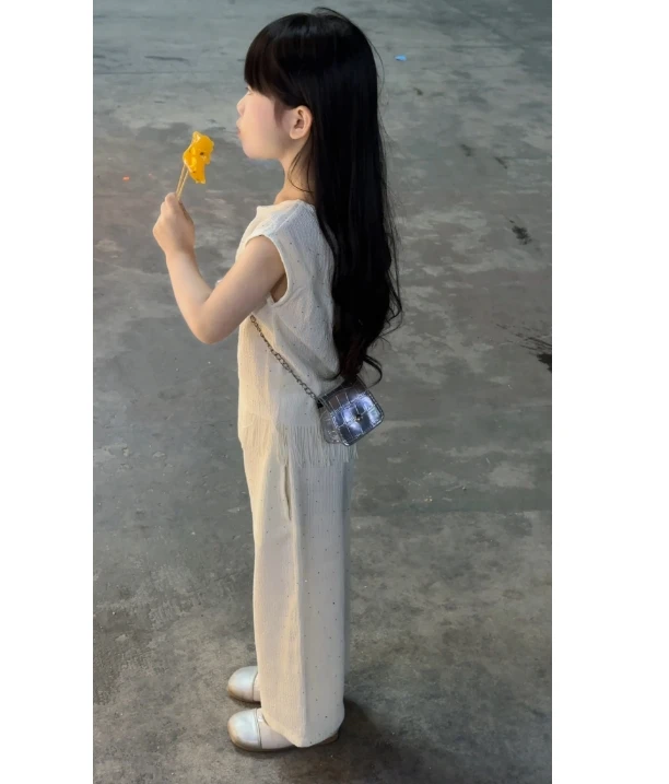 夏季新款女童中大童时尚烫钻重工白月光流苏白色儿童套装两件套潮
