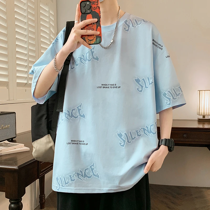 青少年夏季新款休闲男生半袖宽松潮流印花打底衫学生帅气短袖T恤