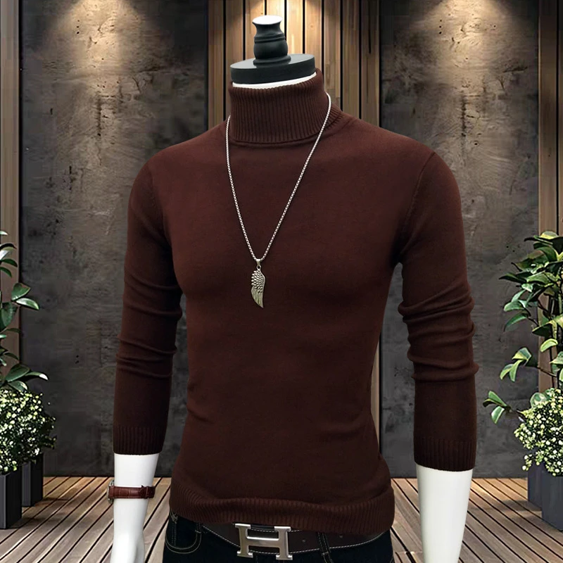 秋冬新款男士高领内搭保暖毛衣针织衫修身时尚咖啡色打底衫上衣潮