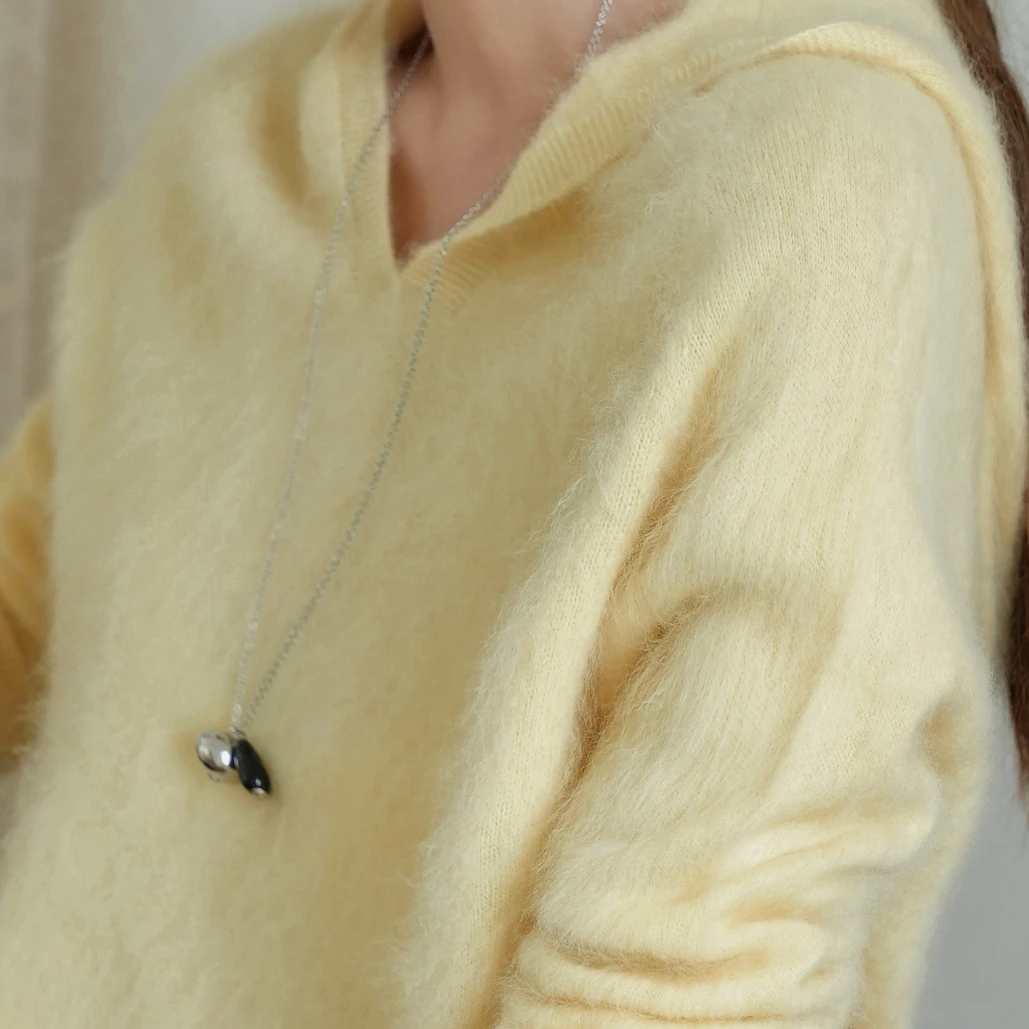 山羊绒羊毛 100%拉绒针织女宽松韩版常规款衫百搭连帽V领潮牌时尚