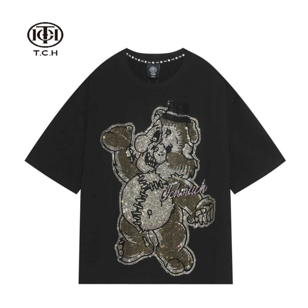 山东TCH-HNOCHILLOUTHOUSE潮牌小狗烫钻黑色T恤T21110C6248洋气