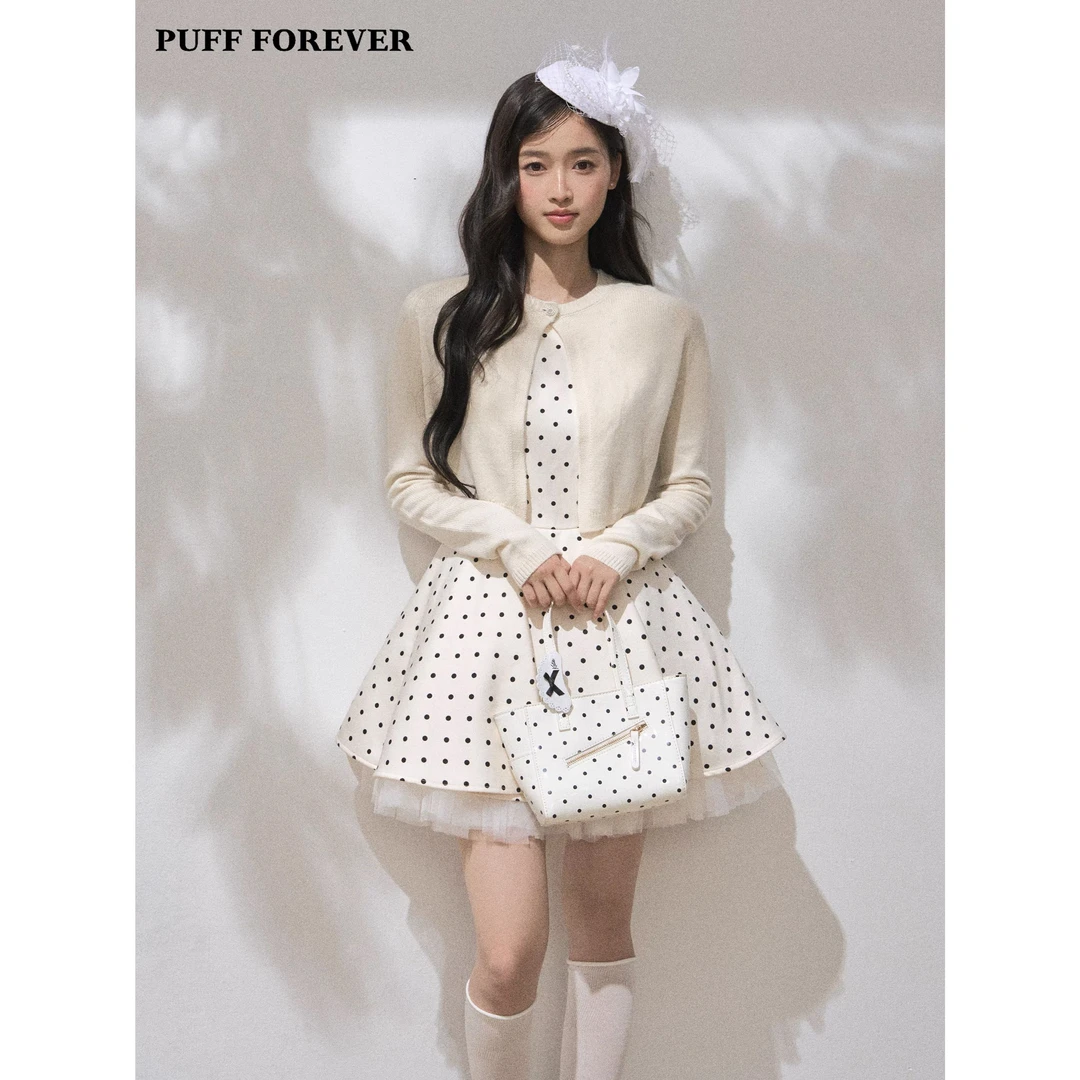 PUFFFOREVER 圆点泡芙波点公主风蓬蓬裙礼服收腰无袖连衣裙秋季女