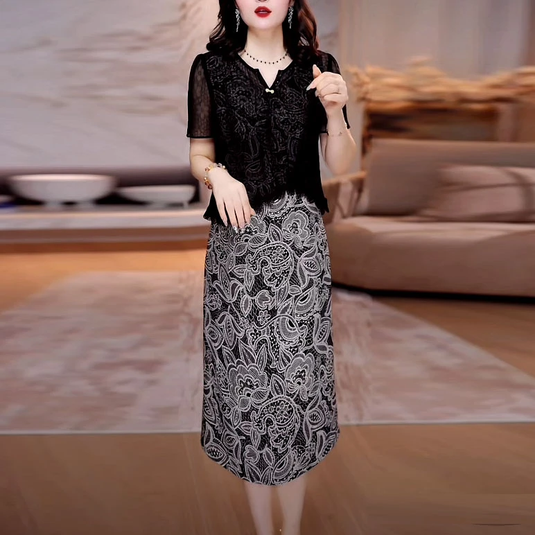 浮雕乔琪提花刺绣两件套连衣裙2025夏季新款修身遮肉洋气套装裙子