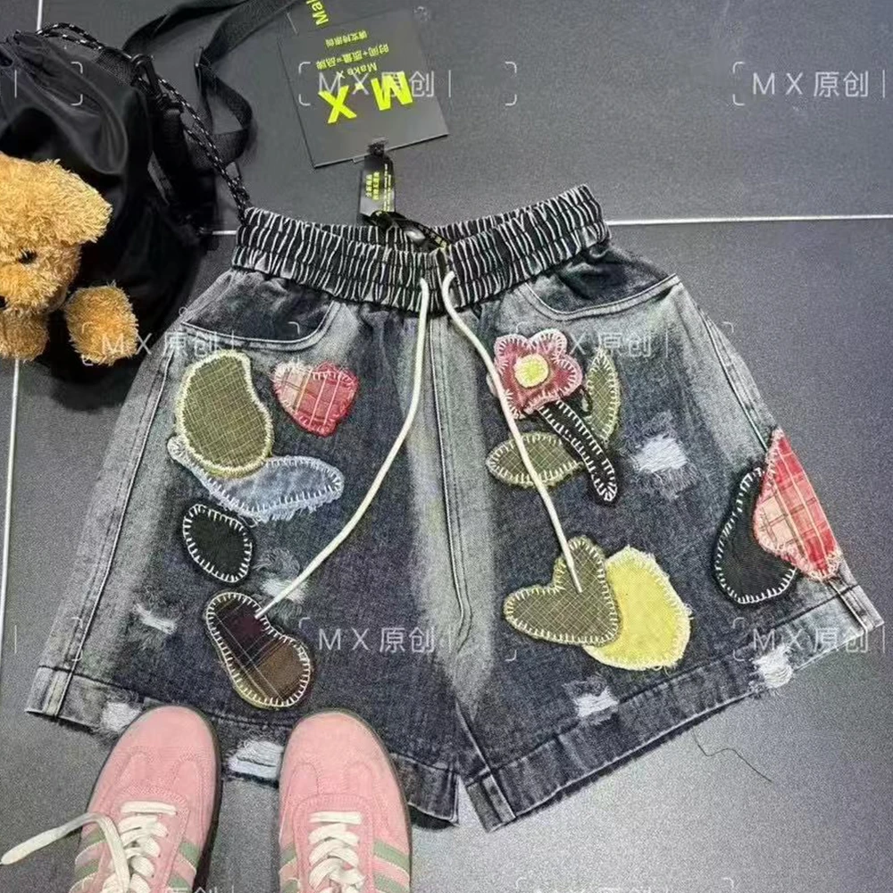【MX】原版原厂高货系列刺绣重工洗水炒色松紧腰抽绳牛仔短裤女