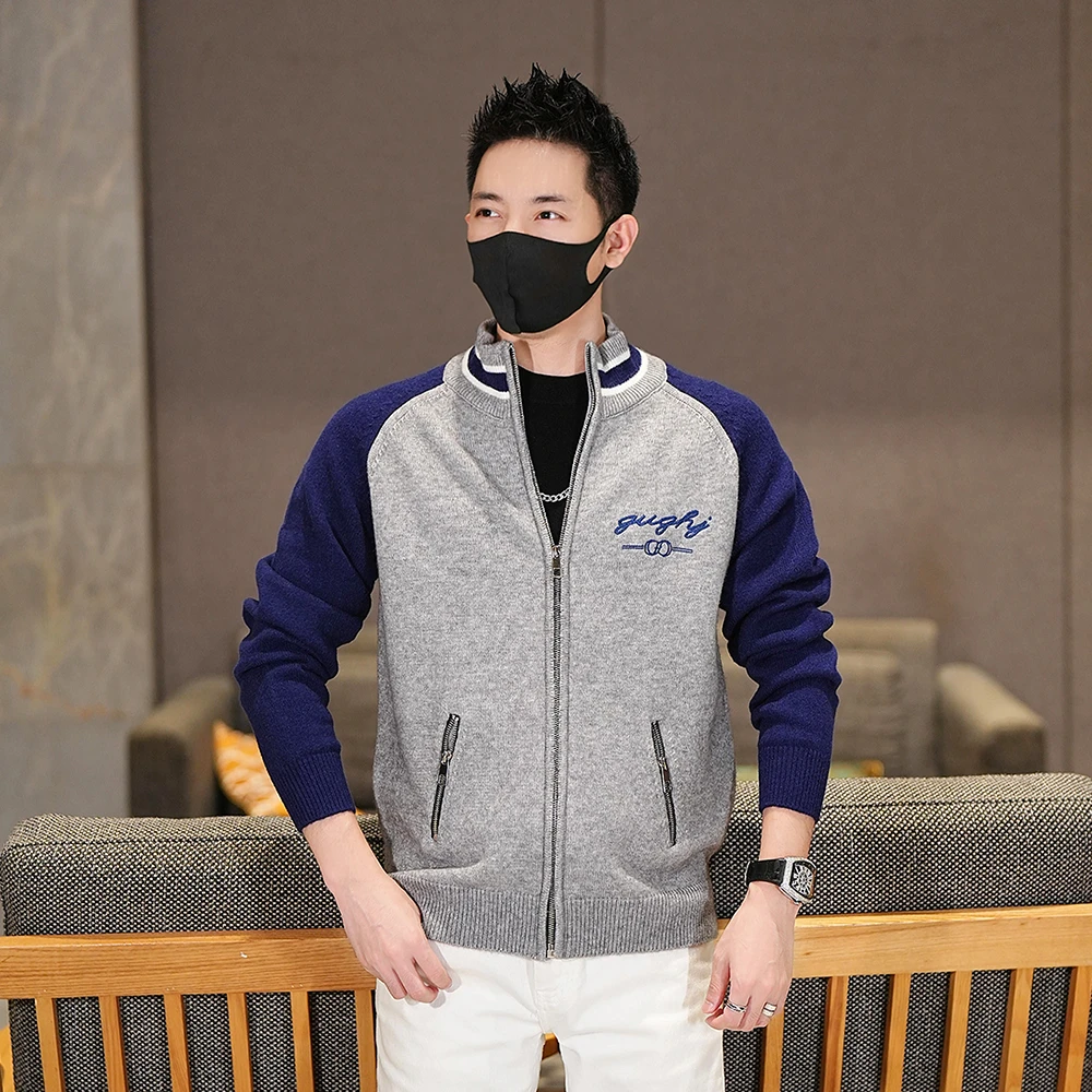 2025秋季新款男士时尚休闲百搭潮流字母刺绣羊毛开衫立领夹克外套