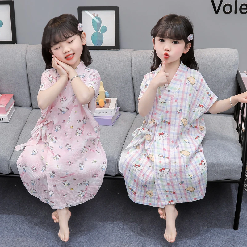 儿童睡袍夏季棉纱睡衣宝宝长袖浴袍儿童家居服小童纯棉空调服浴巾