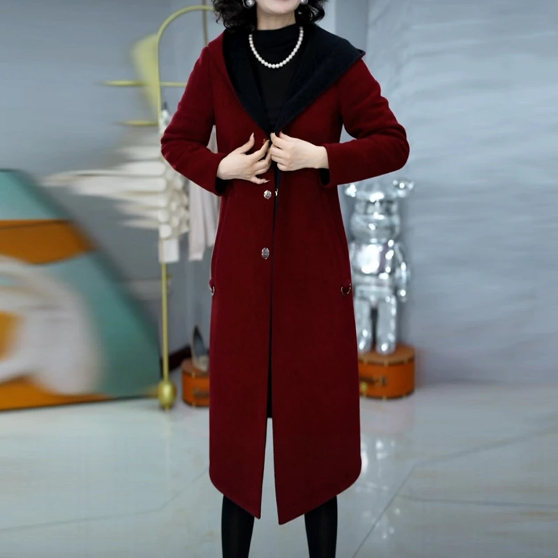 水晶绒双面穿加厚毛呢大衣女2025秋冬季新款连帽气质时尚保暖外套