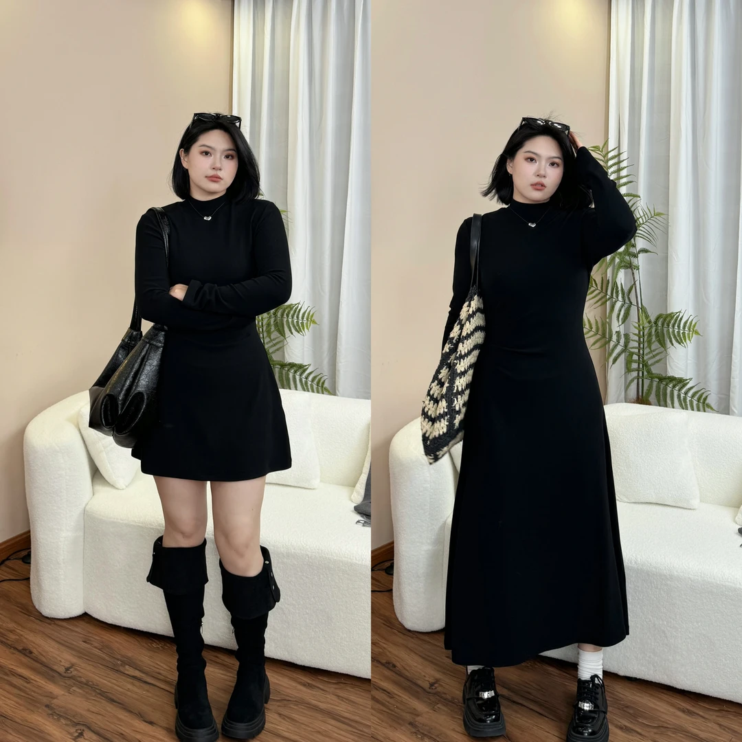 现货【人鱼裙】秋冬新款百搭收腰半高领打底大码连衣裙-S1165