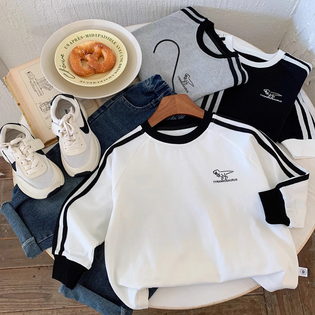 男童T恤2025秋季新款洋气拼接织带打底衫宝宝百搭卡通印花长袖