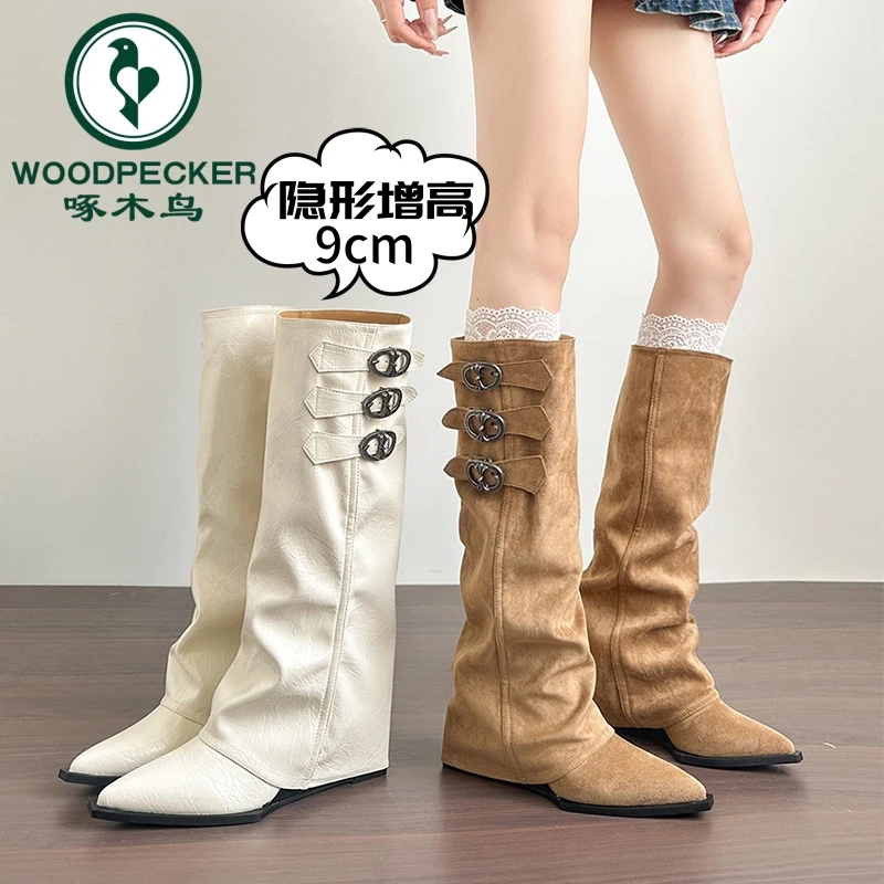 啄木鸟尖头内增高裤管靴女皮带扣白色不过膝长筒靴坡跟骑士靴鞋女