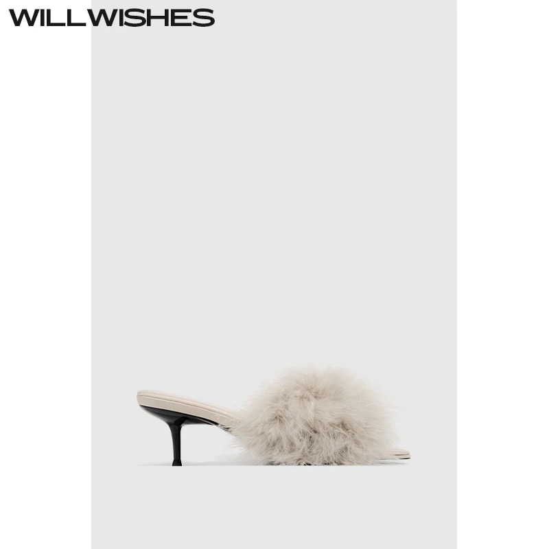 WILLWISHES/王玎仙女风一字拖鞋女外穿羽毛细跟凉鞋女时尚高跟鞋