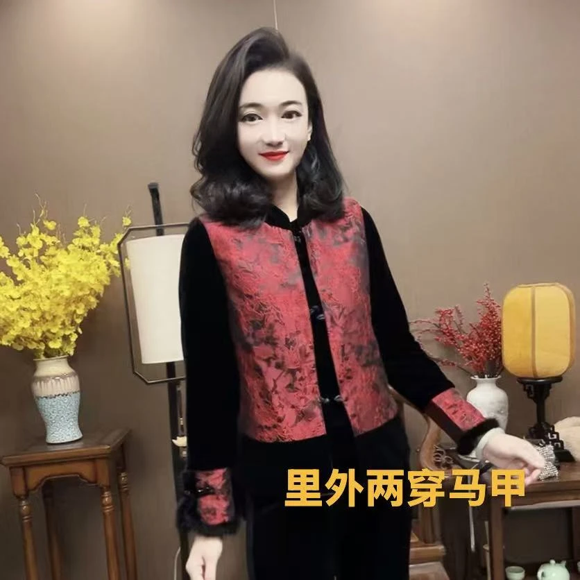 【峰姐优品】80832【WQ】里外两穿国风锦缎拼接丝绒马甲