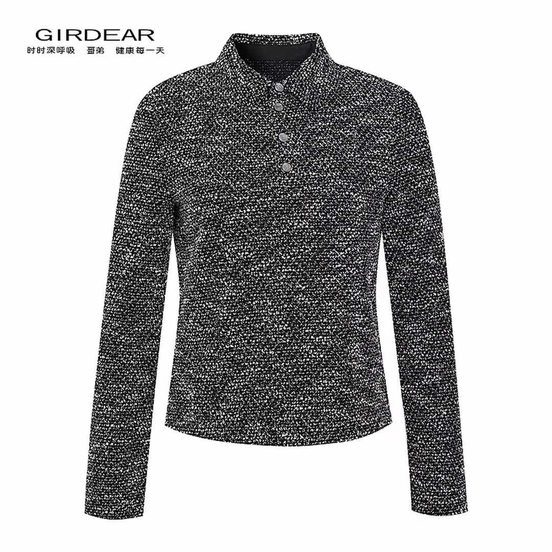 哥弟  女装新款时尚质感优雅气质通勤百搭印花长袖POLO衫130105