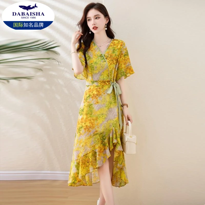 高端气质雪纺碎花连衣裙女韩版修身小个子法式风情度假沙滩裙