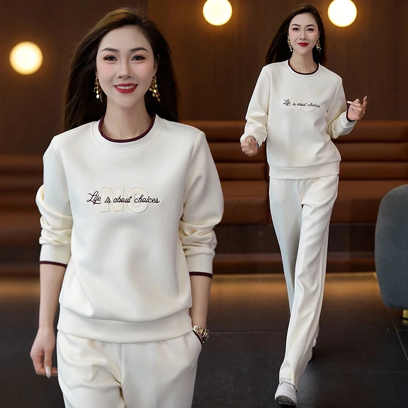 【两件套】女圆领休闲运动套装春秋2025时尚减龄大码宽松卫衣裤子