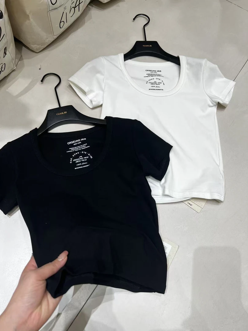 夏季女款修身U领T恤修身短袖百搭半袖运动烫印套装