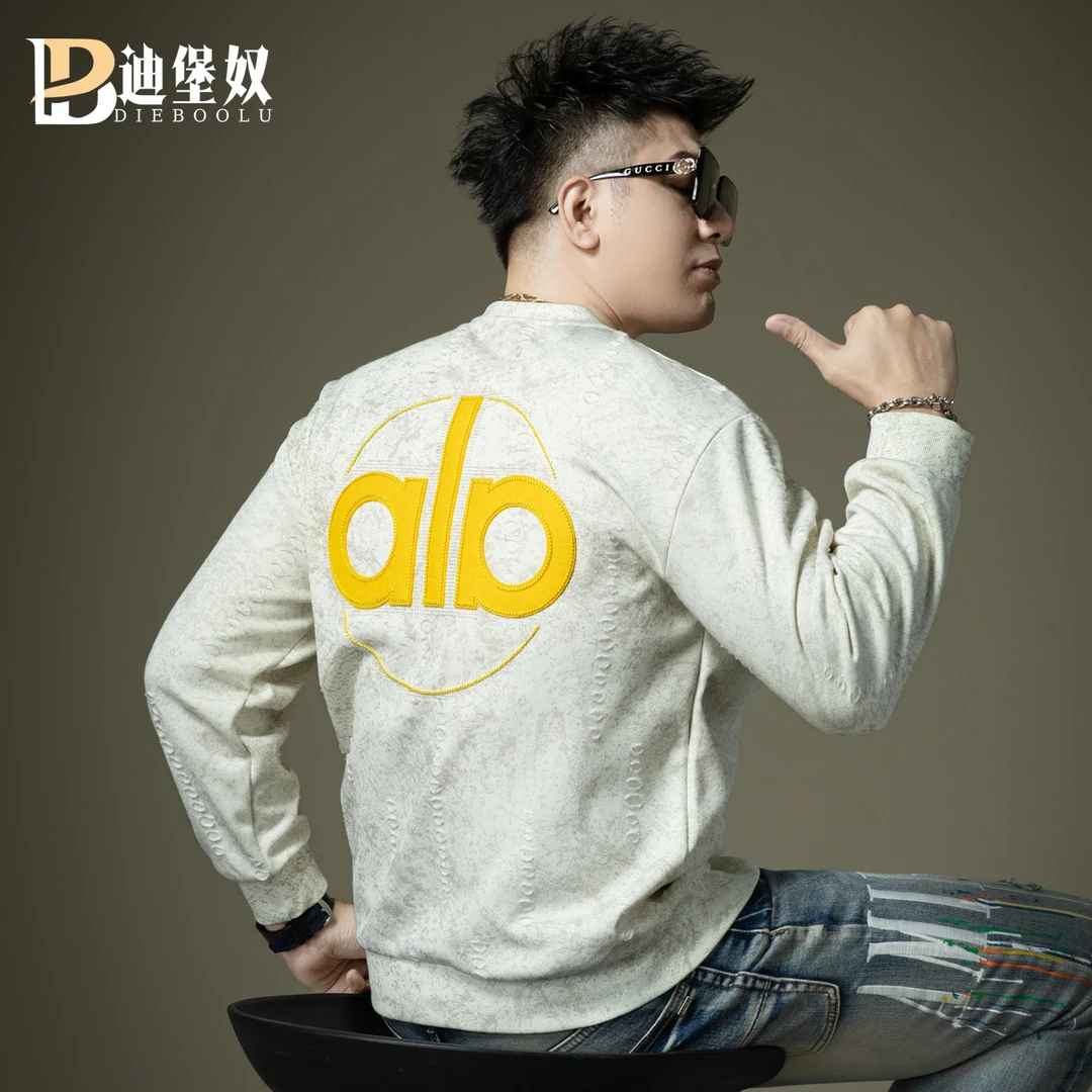 欧洲站轻奢潮牌重工刺绣圆领卫衣2025新款秋季长袖痞帅宽松男上衣