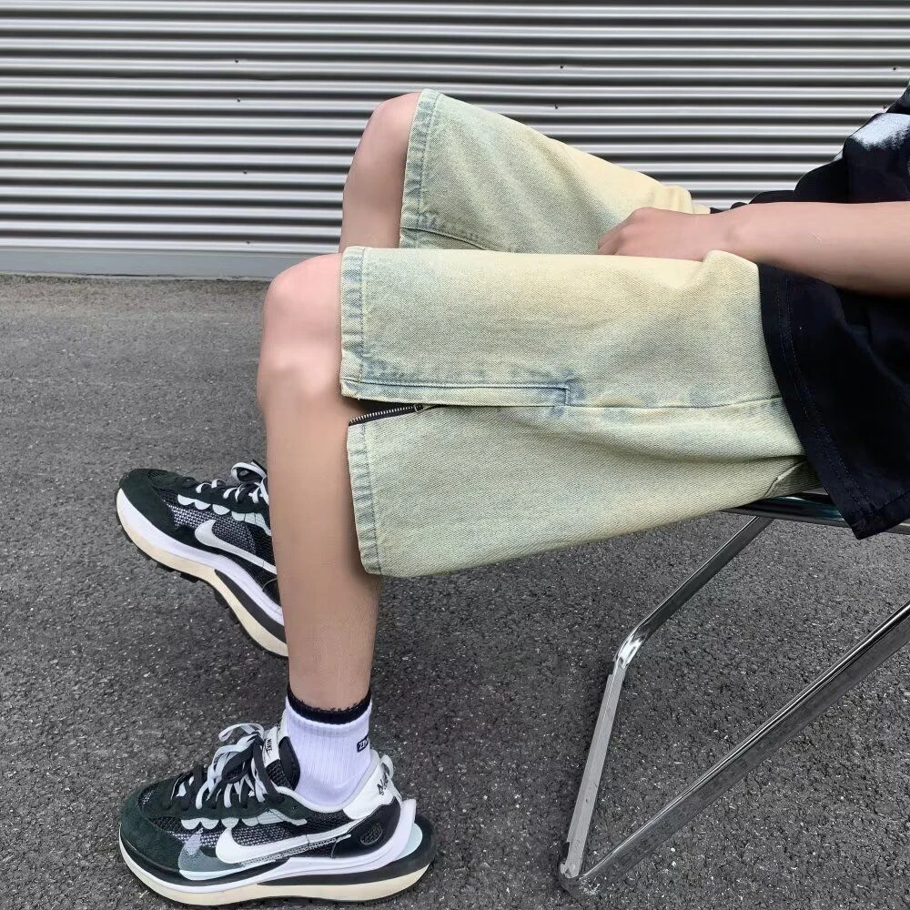 美式风五分短裤男款夏季裤子黄泥色牛仔休闲夏季复古潮牌拉链开叉