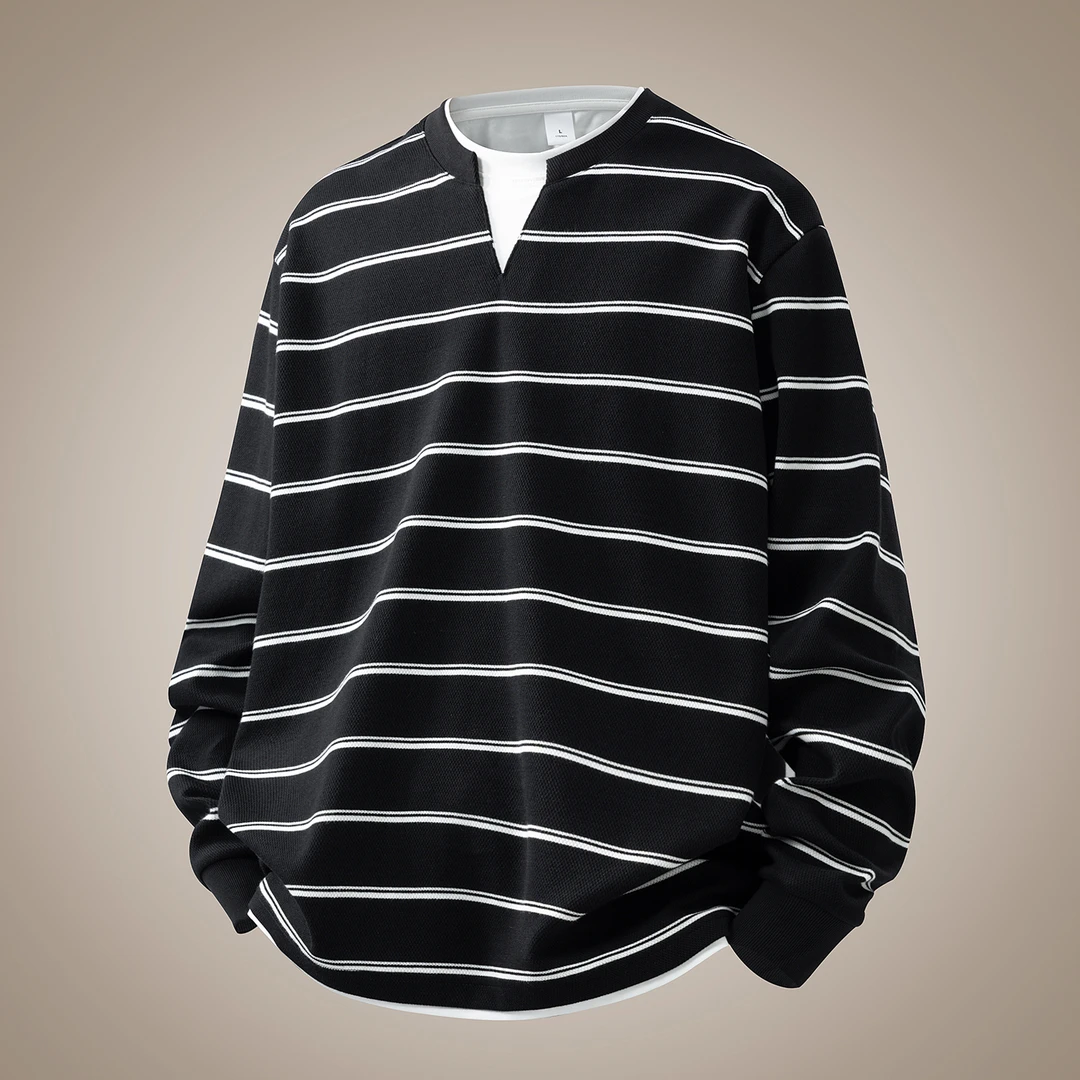号志HAOZHI假两件黑色条纹长袖卫衣男士秋季时尚潮流基础内搭上衣
