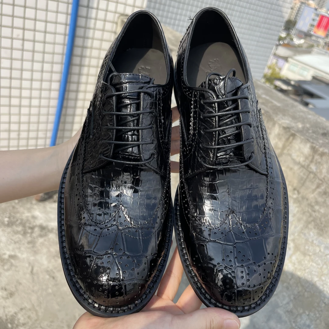 时尚英伦风真皮皮鞋男士系带布洛克雕花皮鞋微波轮防滑皮鞋黑色