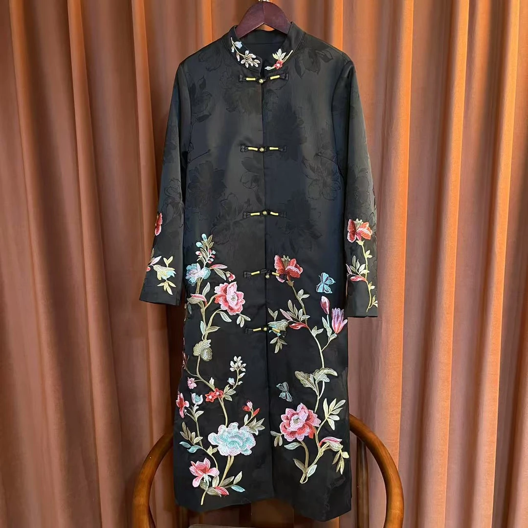 【梦莲】长裙褶皱盘扣提花中老年女装旗袍双面风衣长款国风高贵刺绣