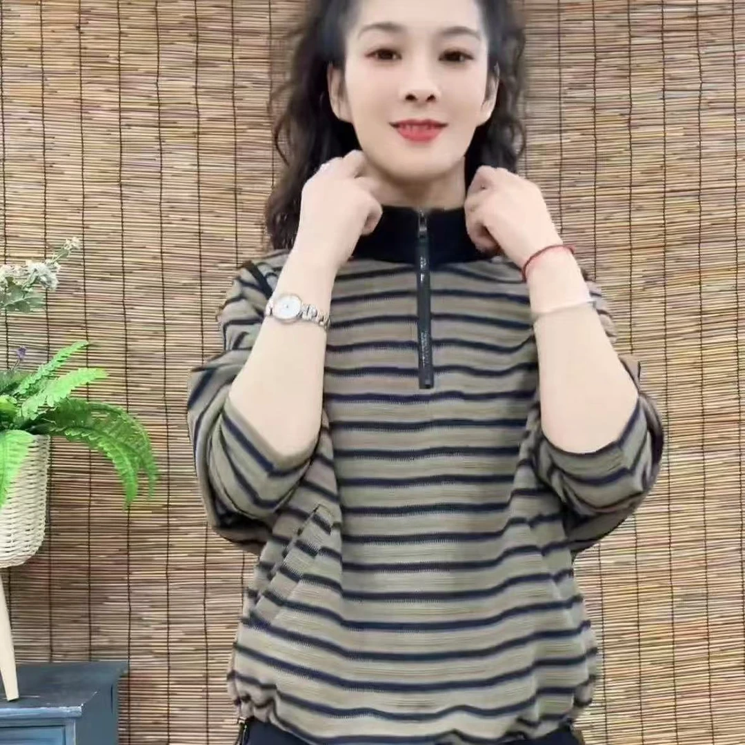 春秋新款女士上衣时尚洋气百搭条纹半拉链个性宽松显瘦长袖卫衣