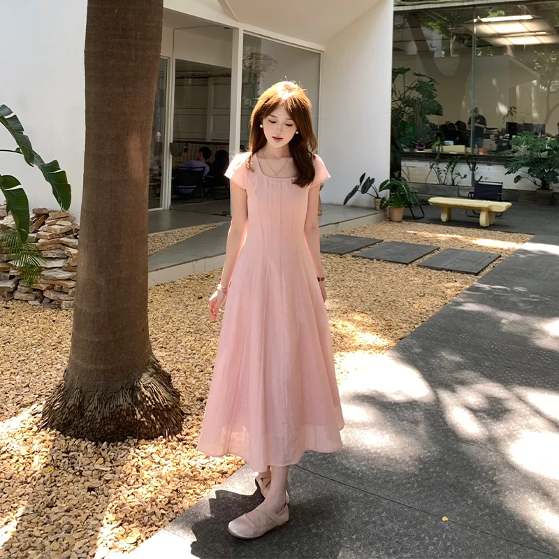 FUGUI RICH小个子短袖连衣裙夏季新款高腰拼接褶皱方领法式中长裙