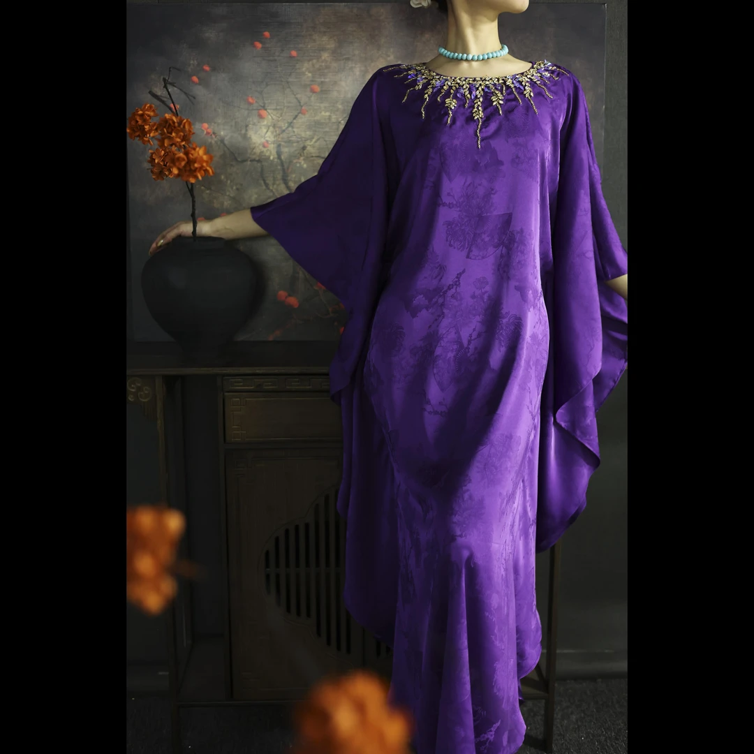 【烟光·暮山紫】XM轻奢圆领大气财阀高级感钉珠提花宽松长款连衣裙