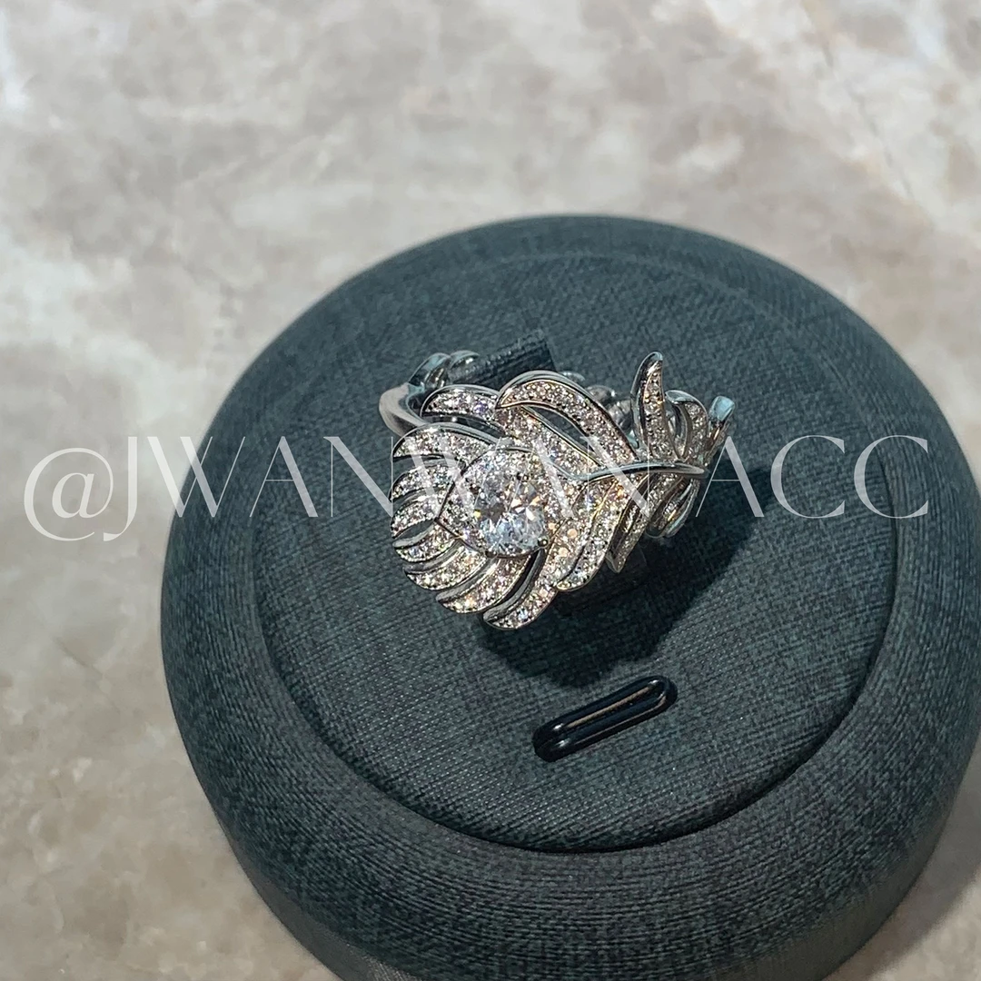 925银锆石戒指 清冷美人.满钻羽毛贵气风耳银戒指