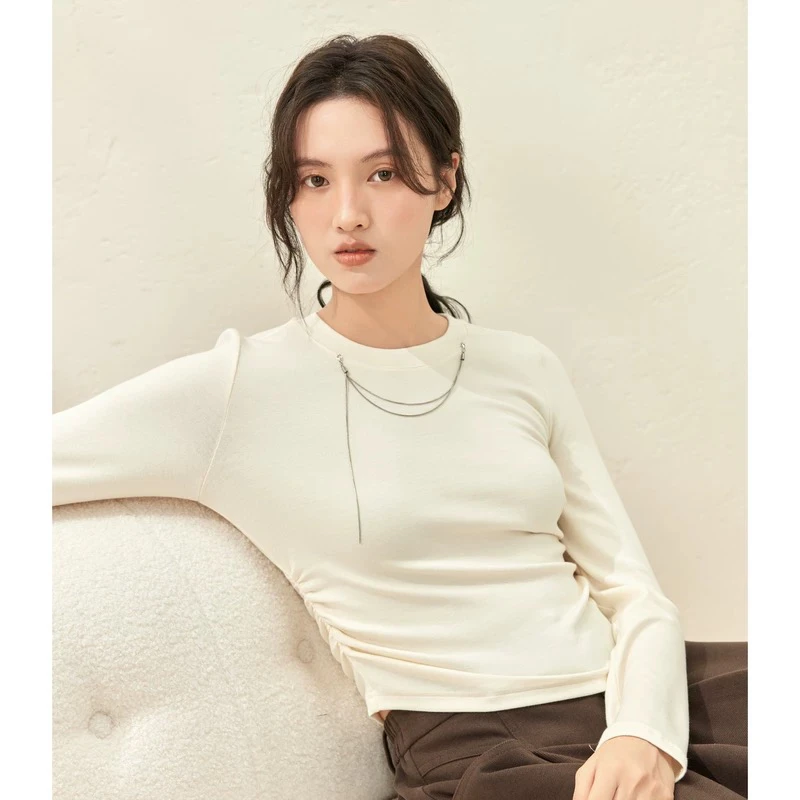 春季圆领长袖抽褶设计休闲T恤