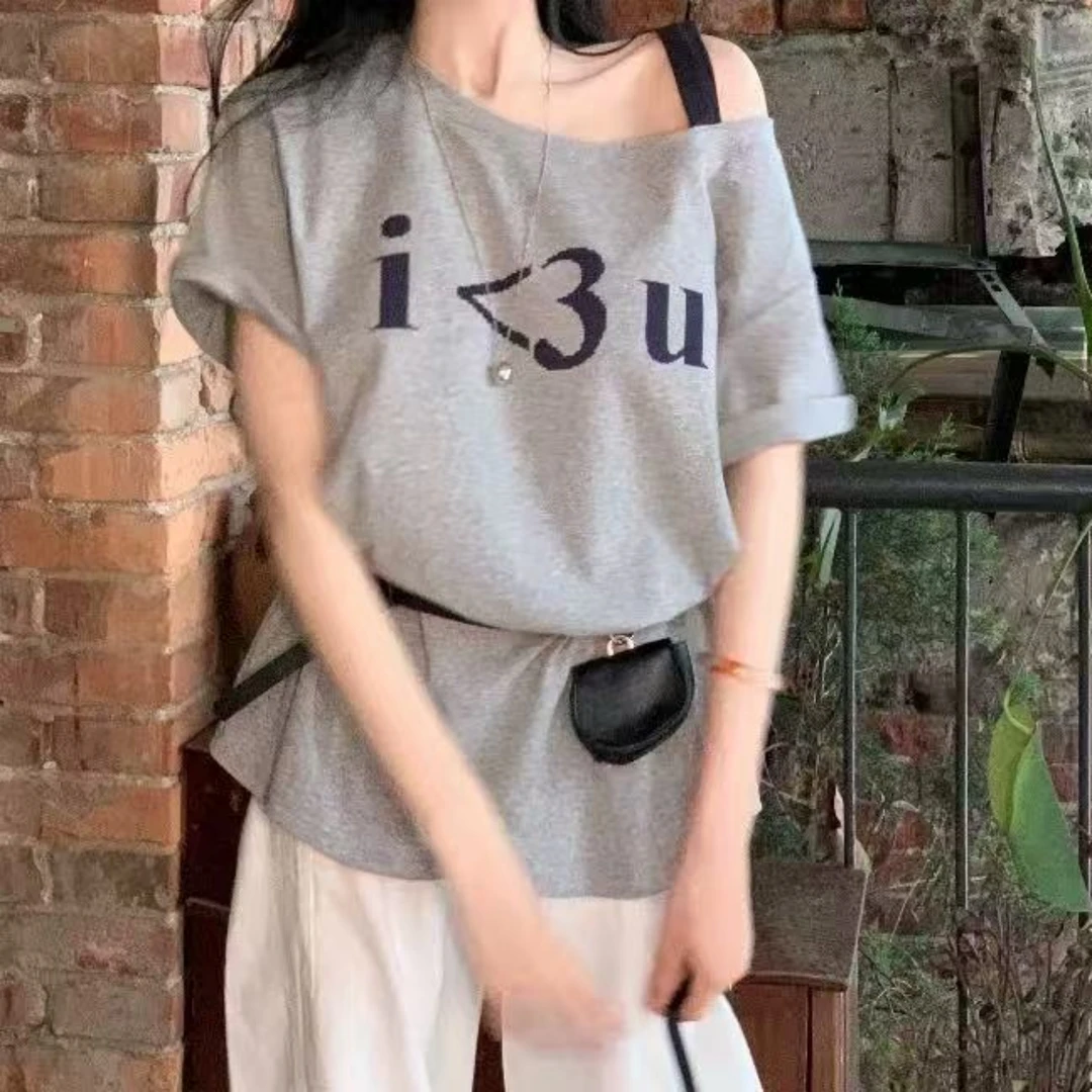 Manmi 字母印花设计款斜肩短袖T恤 9798（C3）