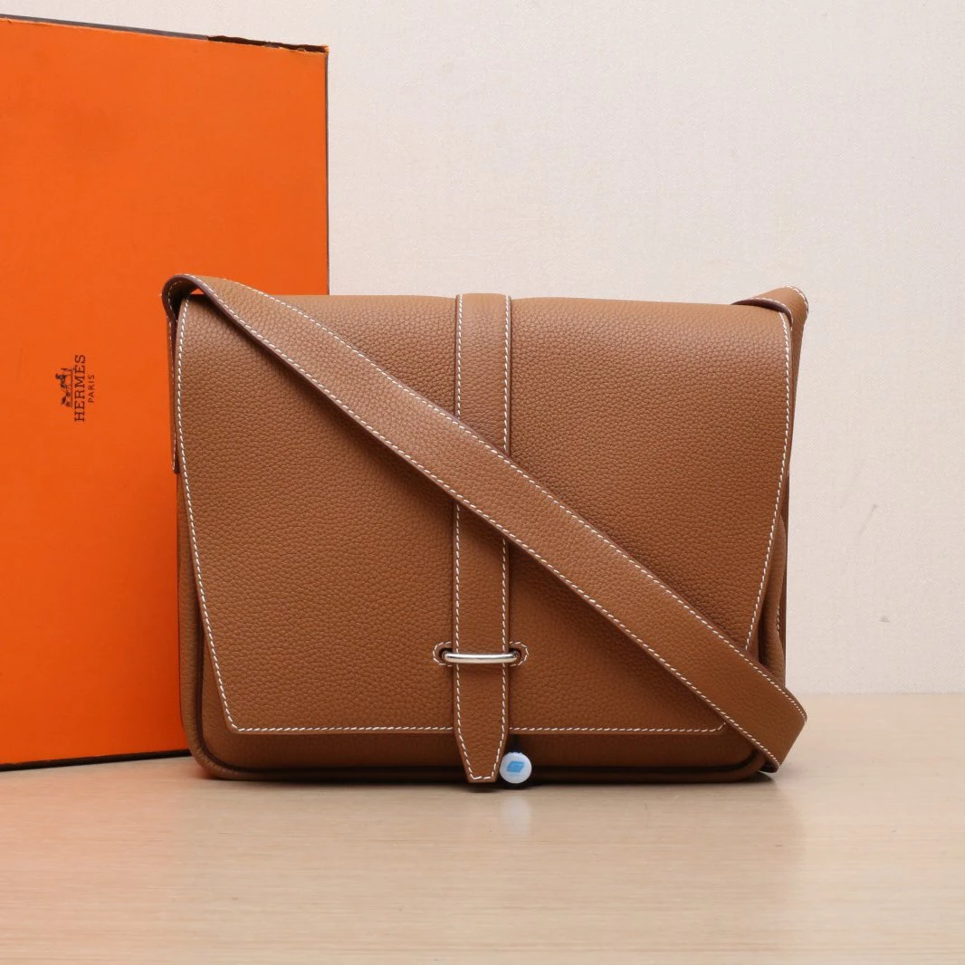 99新 Hermes/爱马仕 小花双双 信差包 金棕色 Togo皮 U刻 银扣